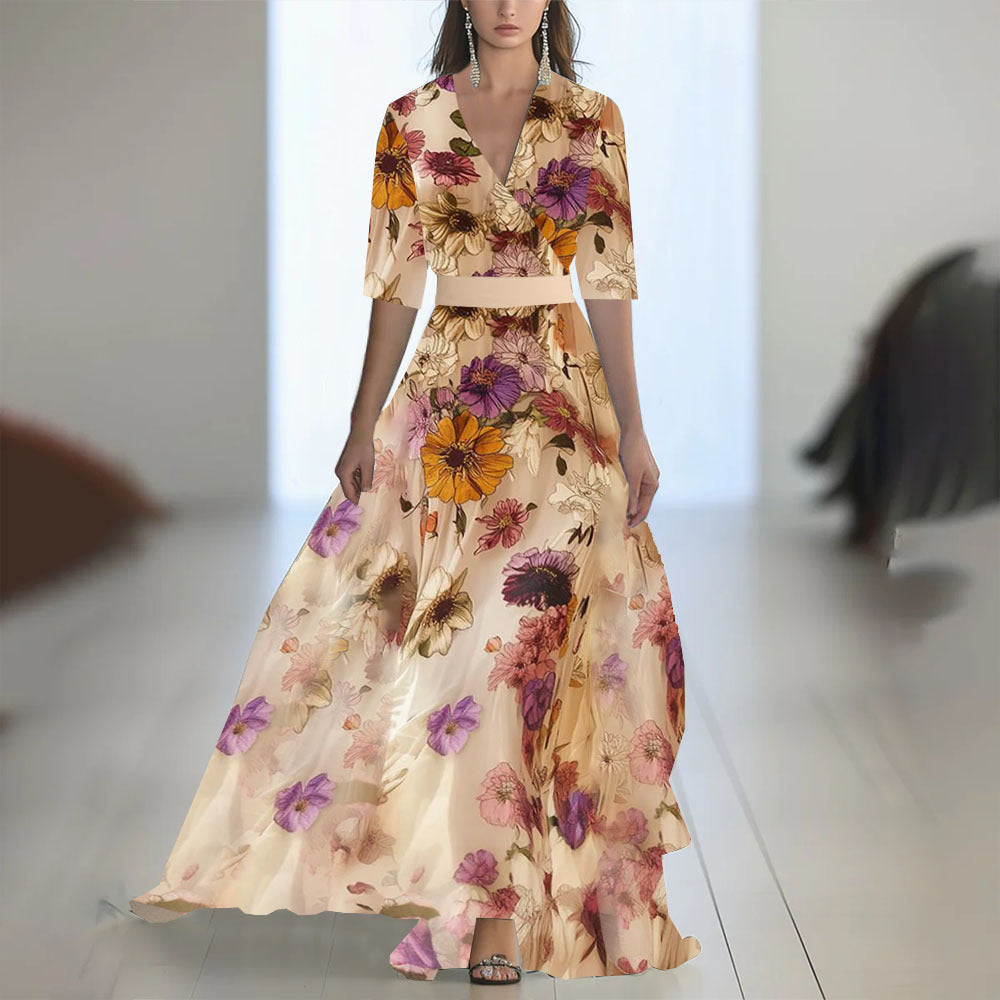 Damen Maxikleid Elegant Chiffon Blumenmuster Abendmode mit V-Ausschnitt und Langarm für besondere Anlässe