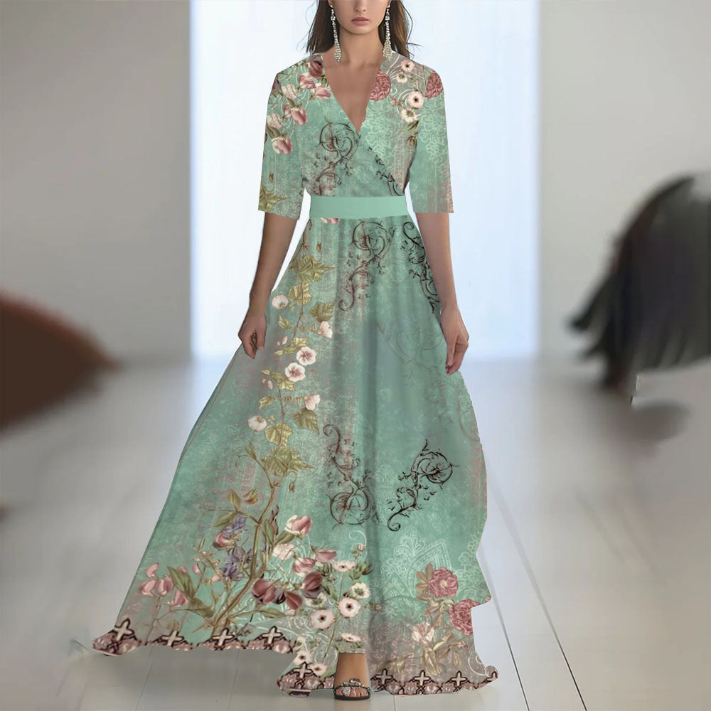 Damen Maxikleid Elegant Chiffon Blumenmuster Abendmode mit V-Ausschnitt und Langarm für besondere Anlässe
