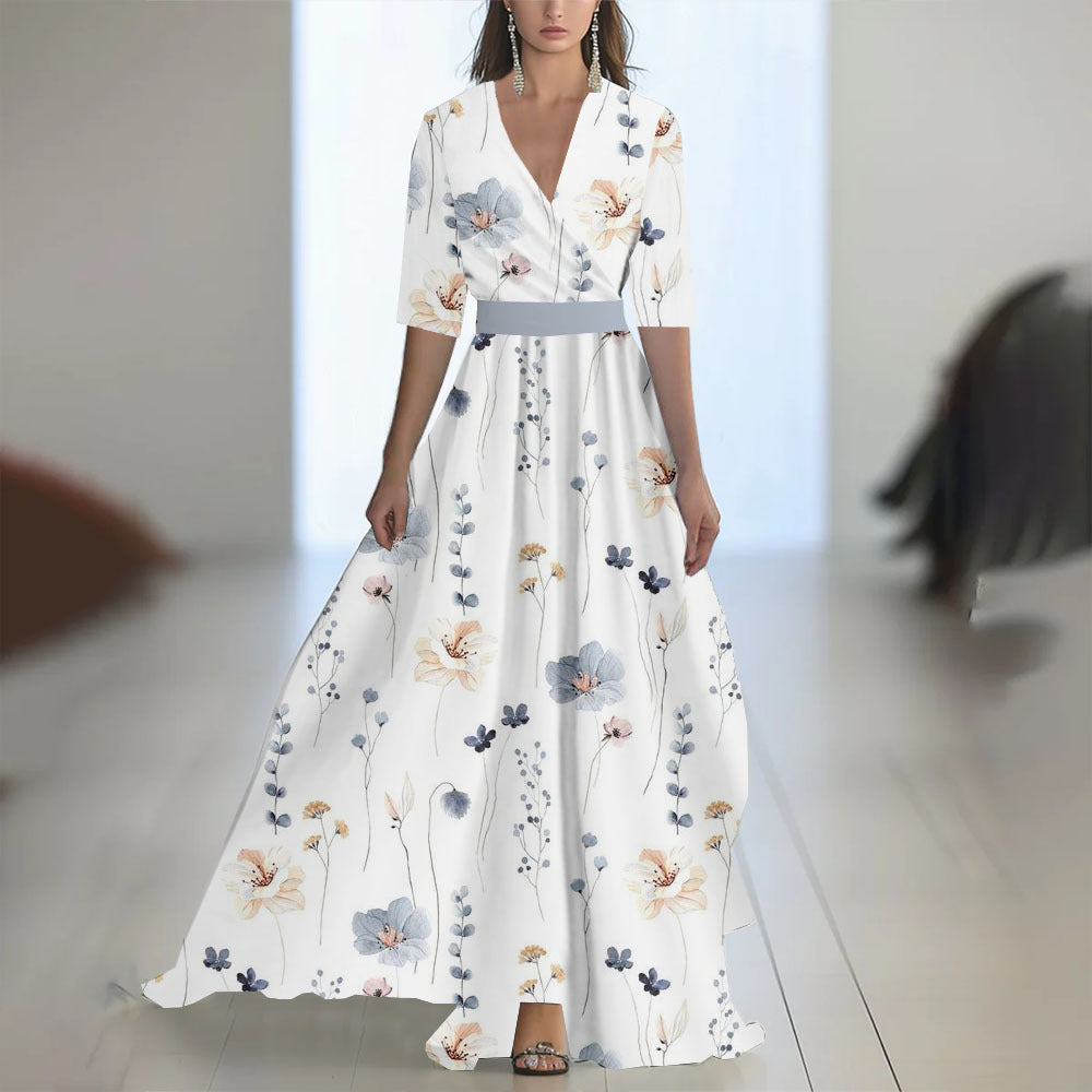 Damen Maxikleid Elegant Chiffon Blumenmuster Abendmode mit V-Ausschnitt und Langarm für besondere Anlässe