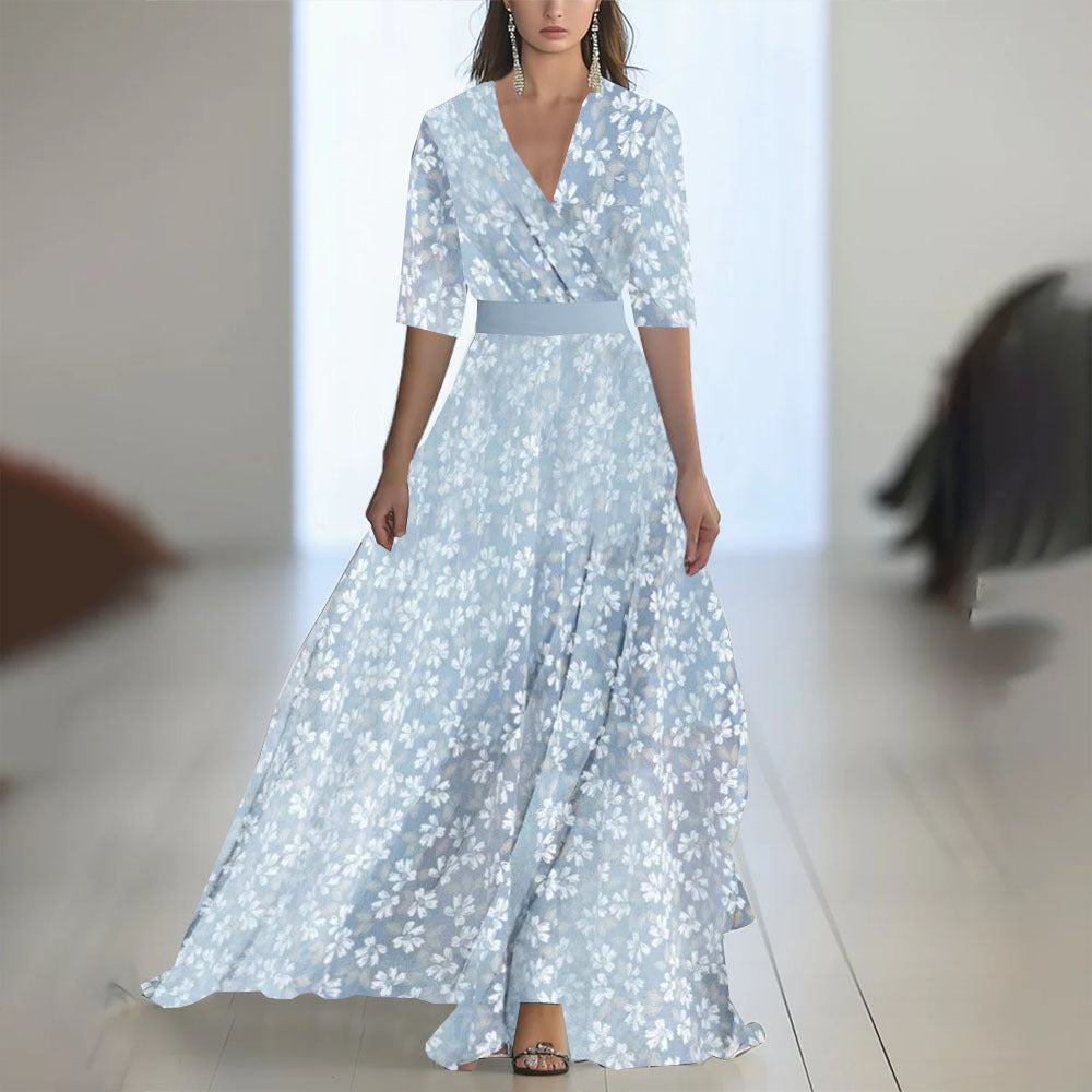 Damen Maxikleid Elegant Chiffon Blumenmuster Abendmode mit V-Ausschnitt und Langarm für besondere Anlässe