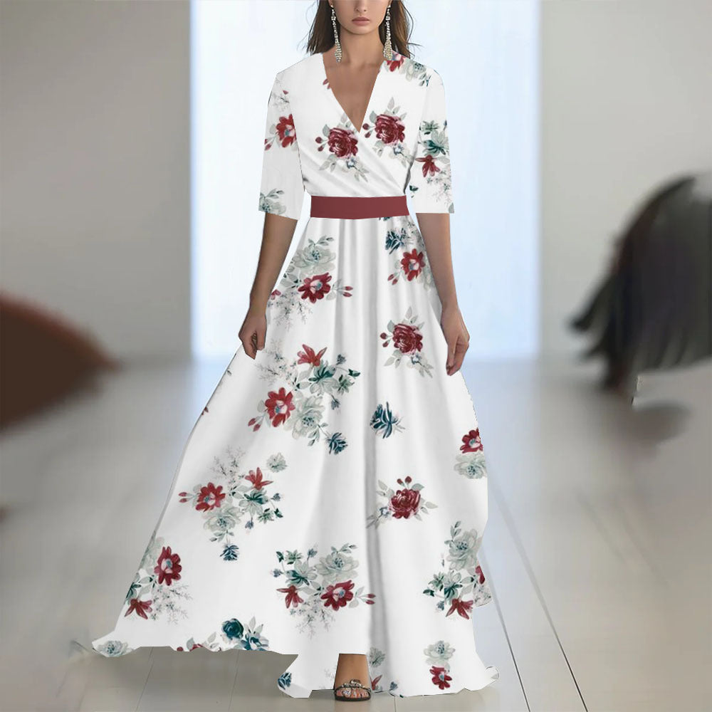Damen Maxikleid Elegant Chiffon Blumenmuster Abendmode mit V-Ausschnitt und Langarm für besondere Anlässe