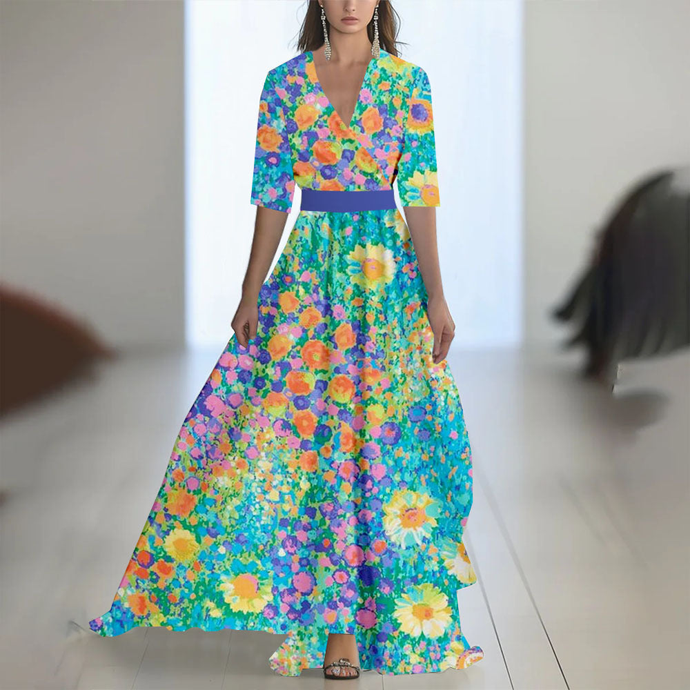 Damen Maxikleid Elegant Chiffon Blumenmuster Abendmode mit V-Ausschnitt und Langarm für besondere Anlässe