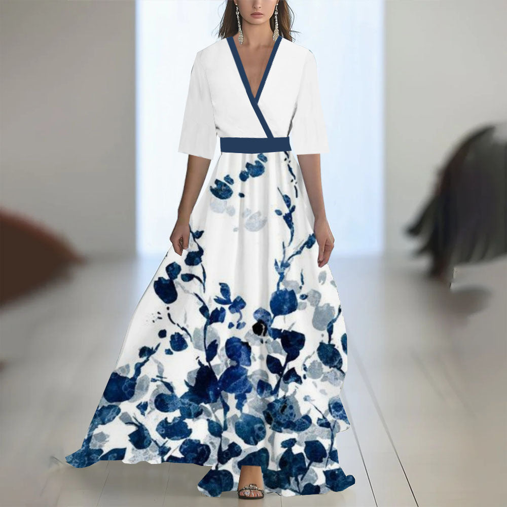Damen Maxikleid Elegant Chiffon Blumenmuster Abendmode mit V-Ausschnitt und Langarm für besondere Anlässe