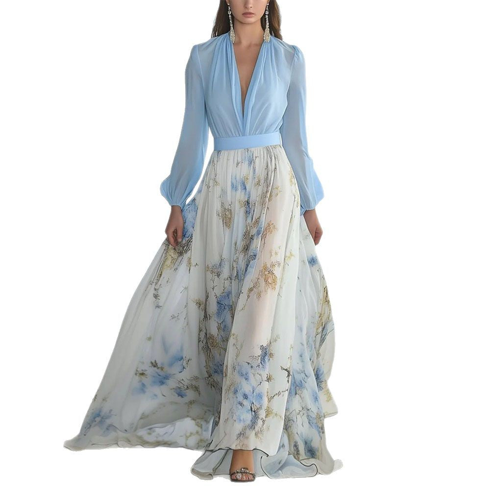 Damen Maxikleid Elegant Chiffon Blumenmuster Abendmode mit V-Ausschnitt und Langarm für besondere Anlässe