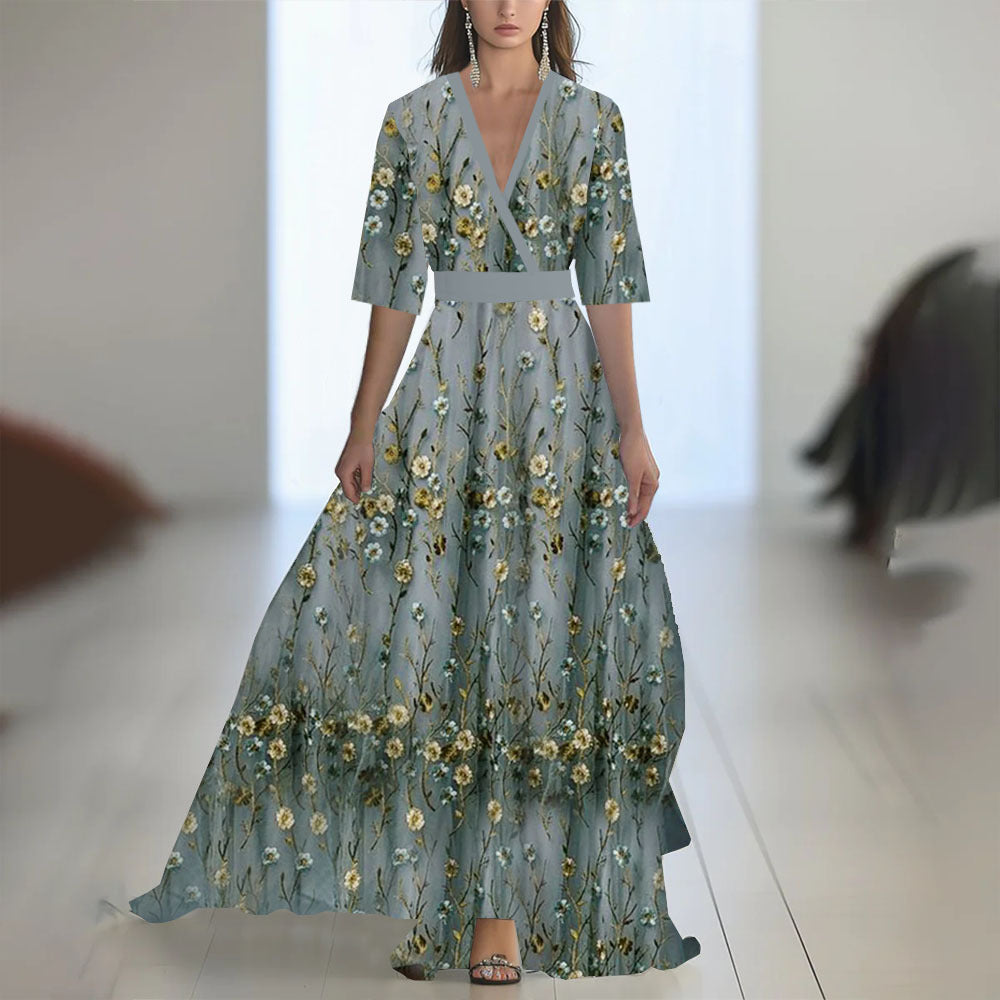 Damen Maxikleid Elegant Chiffon Blumenmuster Abendmode mit V-Ausschnitt und Langarm für besondere Anlässe