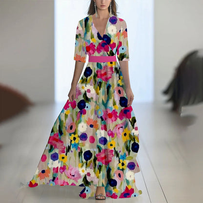 Damen Maxikleid Elegant Chiffon Blumenmuster Abendmode mit V-Ausschnitt und Langarm für besondere Anlässe