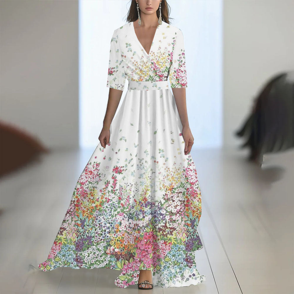 Damen Maxikleid Elegant Chiffon Blumenmuster Abendmode mit V-Ausschnitt und Langarm für besondere Anlässe