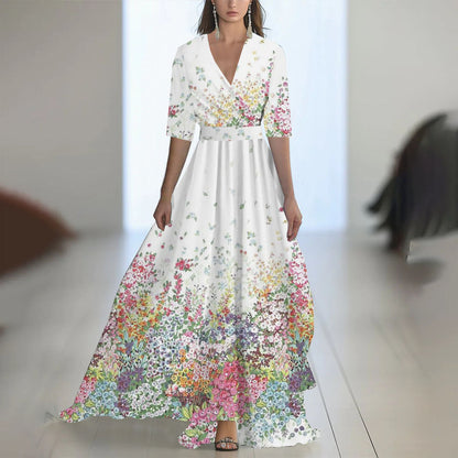 Damen Maxikleid Elegant Chiffon Blumenmuster Abendmode mit V-Ausschnitt und Langarm für besondere Anlässe