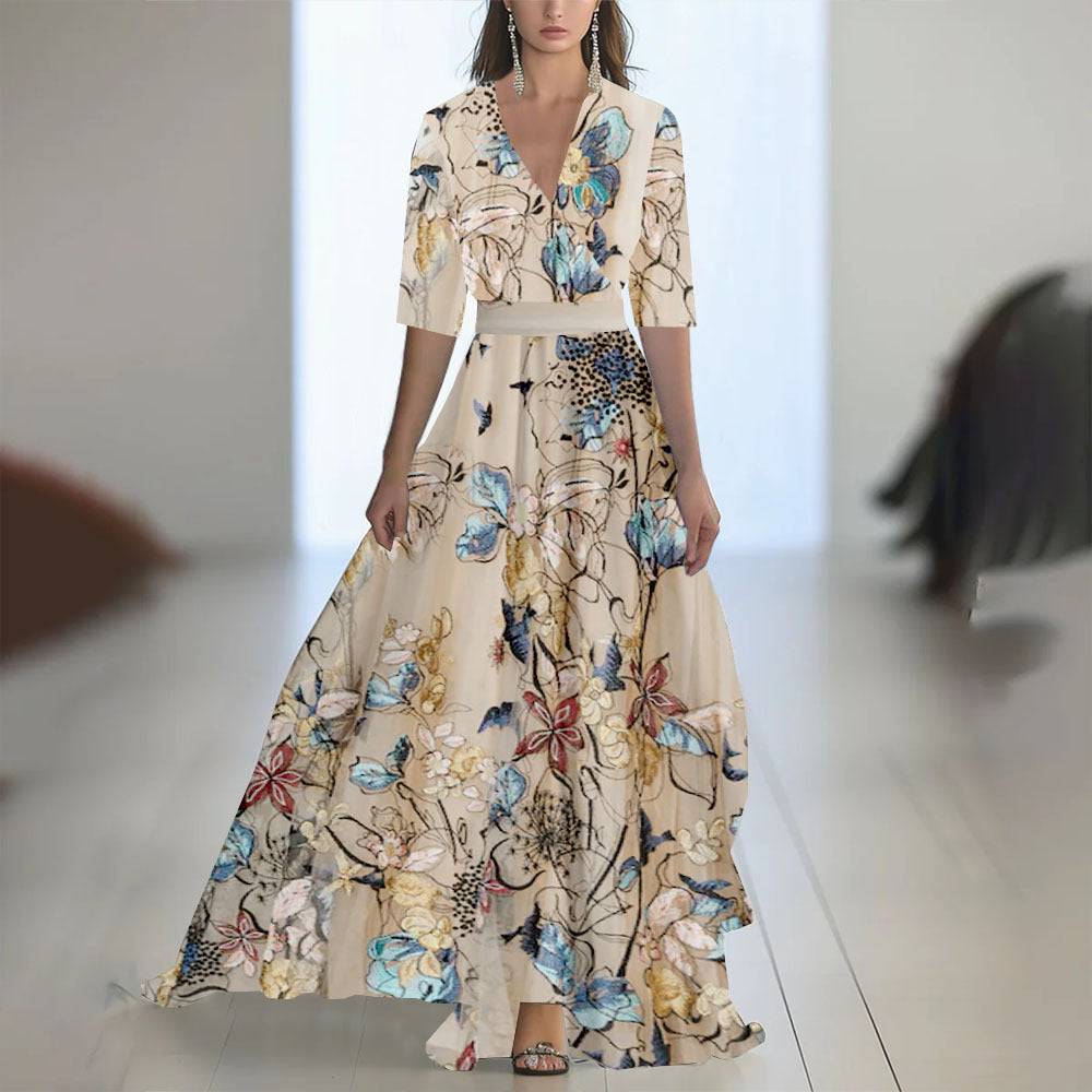 Damen Maxikleid Elegant Chiffon Blumenmuster Abendmode mit V-Ausschnitt und Langarm für besondere Anlässe