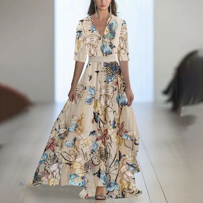 Damen Maxikleid Elegant Chiffon Blumenmuster Abendmode mit V-Ausschnitt und Langarm für besondere Anlässe
