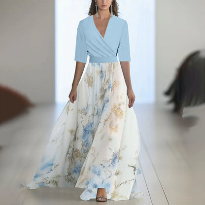 Damen Maxikleid Elegant Chiffon Blumenmuster Abendmode mit V-Ausschnitt und Langarm für besondere Anlässe