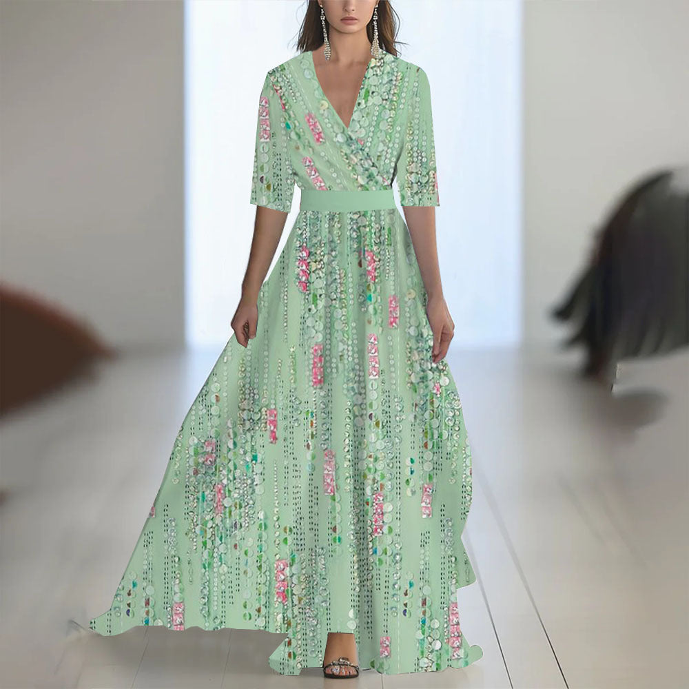Damen Maxikleid Elegant Chiffon Blumenmuster Abendmode mit V-Ausschnitt und Langarm für besondere Anlässe