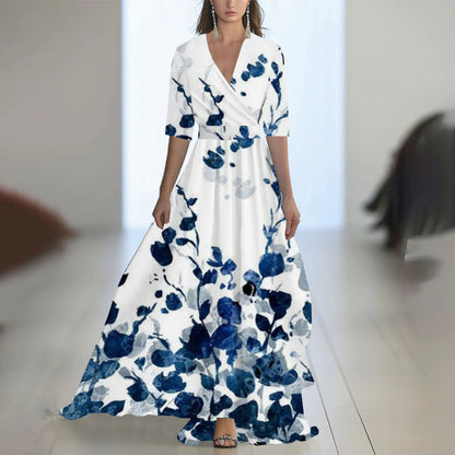 Damen Maxikleid Elegant Chiffon Blumenmuster Abendmode mit V-Ausschnitt und Langarm für besondere Anlässe