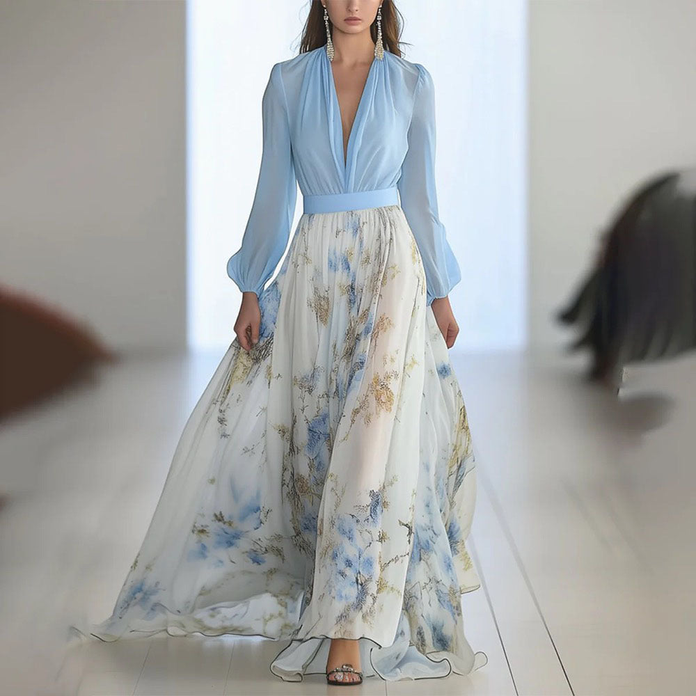 Damen Maxikleid Elegant Chiffon Blumenmuster Abendmode mit V-Ausschnitt und Langarm für besondere Anlässe