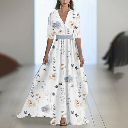 Damen Maxikleid Elegant Chiffon Blumenmuster Abendmode mit V-Ausschnitt und Langarm für besondere Anlässe