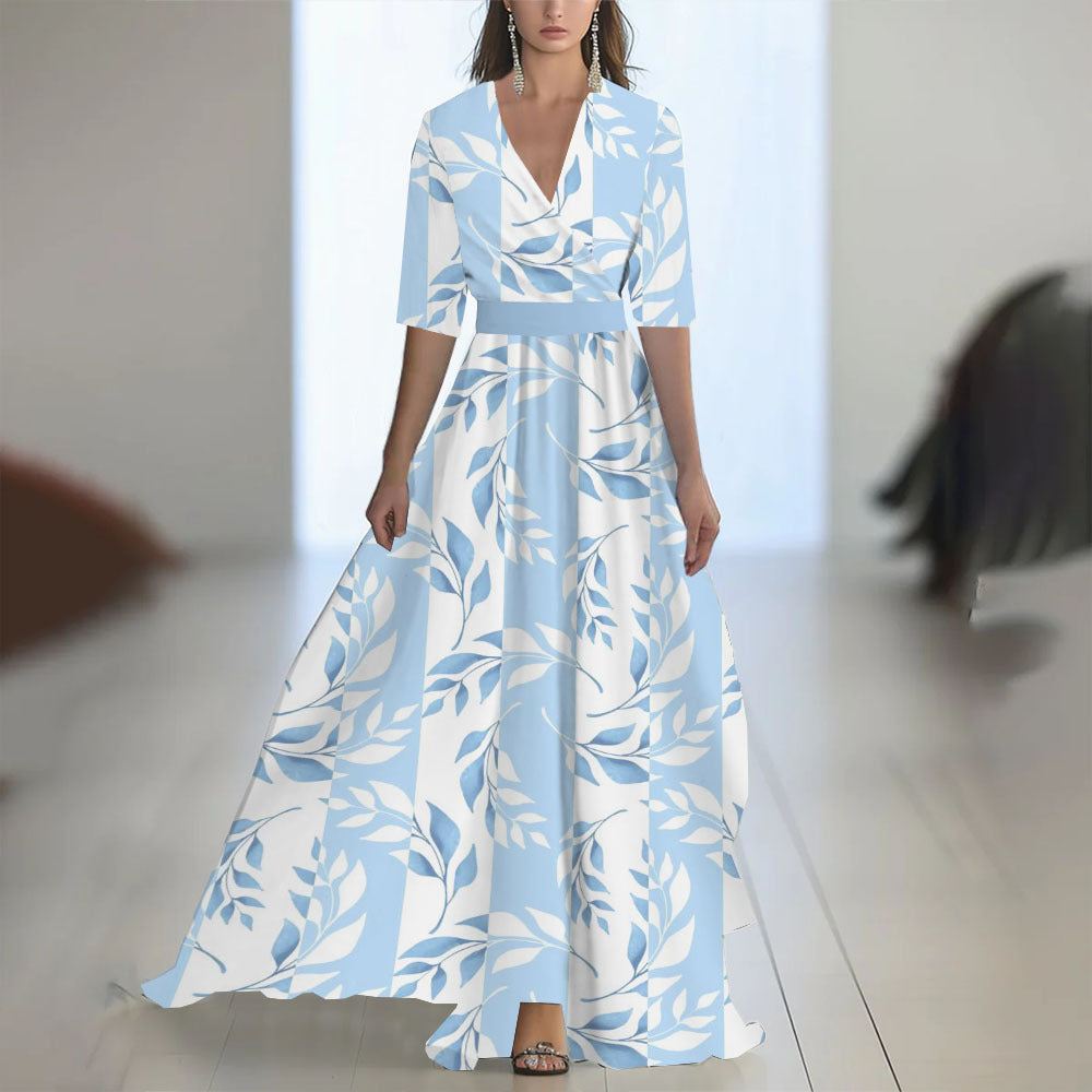 Damen Maxikleid Elegant Chiffon Blumenmuster Abendmode mit V-Ausschnitt und Langarm für besondere Anlässe