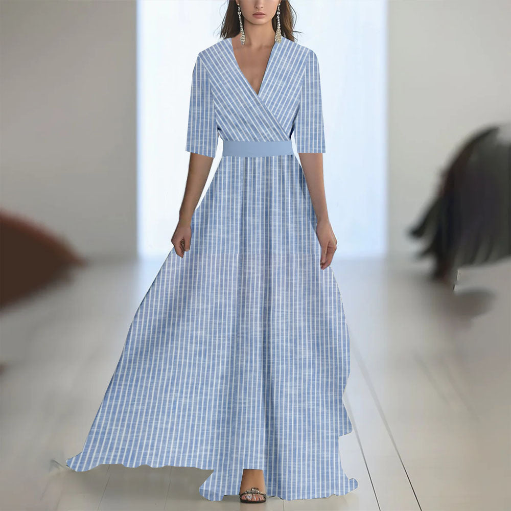 Damen Maxikleid Elegant Chiffon Blumenmuster Abendmode mit V-Ausschnitt und Langarm für besondere Anlässe