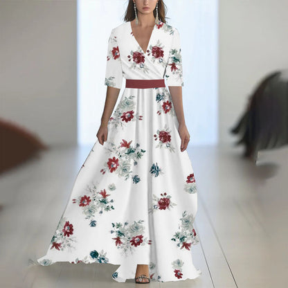 Damen Maxikleid Elegant Chiffon Blumenmuster Abendmode mit V-Ausschnitt und Langarm für besondere Anlässe